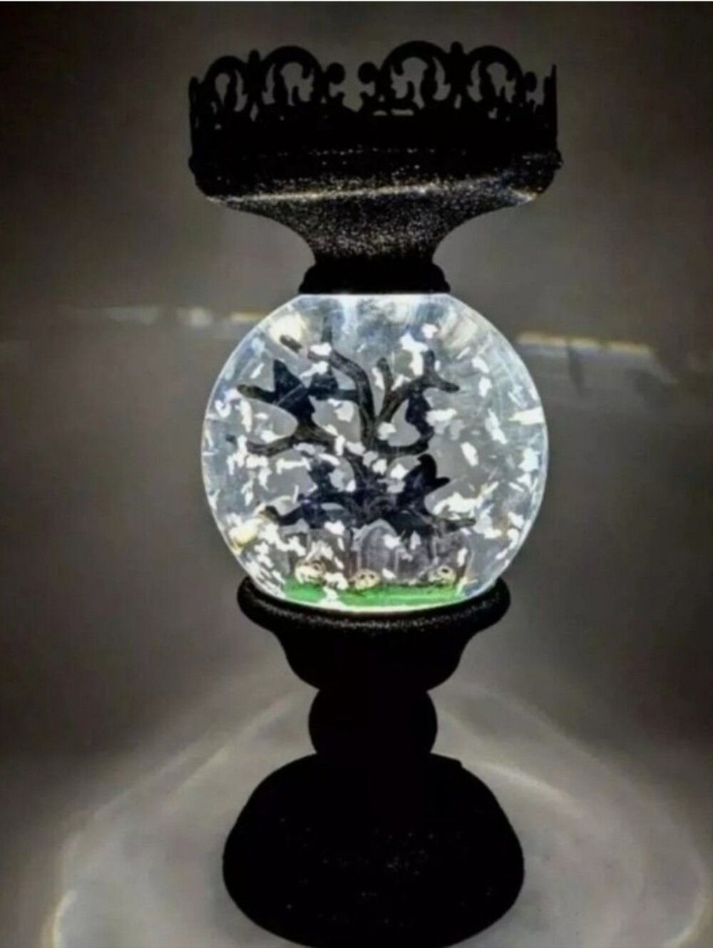 NEW HALLOWEEN CEMETERY GHOST GLITTER WATER GLOBE 3-WICK PEDESTAL CANDLE HOLDER